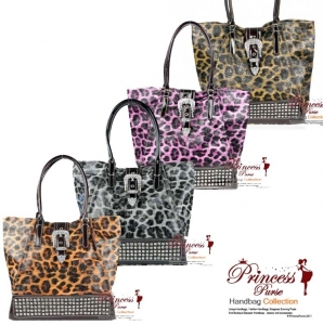 6 piece Bulk Buy! Designer Inspired Animal Print Glossy Leatherette Hand Bag w/ Flip-over Buckle and Rhinestone Decor